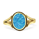 Oval Split Shank Created Opal Oxidized Ring 925 Sterling Silver