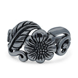 Sunflower Oxidized Sunshine Flower And Leaves Band Solid 925 Sterling Silver Thumb Ring (13mm)