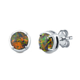 Claw Prong Solitaire Stud Earrings Round Created Opal 925 Sterling Silver (7mm)