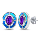 Oval Amethyst Stud Earrings Lab Created Opal Simulated CZ 925 Sterling Silver (13mm)
