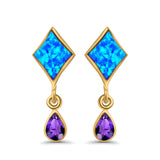 Square Stud Earrings Created Opal Pear Simulated Amethyst CZ 925 Sterling Silver (24mm)