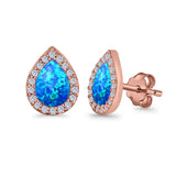 Halo Pear Stud Earrings Lab Created Opal Simulated CZ 925 Sterling Silver (11mm)