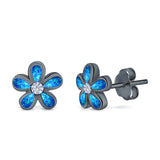 Flower Stud Earrings Lab Created Opal Simulated CZ 925 Sterling Silver (7mm)