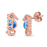 Seahorse Stud Earrings Lab Created Opal Simulated CZ 925 Sterling Silver (13mm)