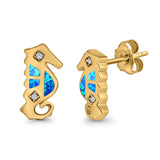 Seahorse Stud Earrings Lab Created Opal Simulated CZ 925 Sterling Silver (13mm)