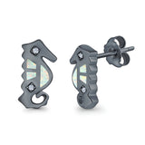 Seahorse Stud Earrings Lab Created Opal Simulated CZ 925 Sterling Silver (13mm)