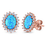 Halo Oval Stud Earrings Lab Created Opal Simulated CZ 925 Sterling Silver (13mm)