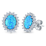 Halo Oval Stud Earrings Lab Created Opal Simulated CZ 925 Sterling Silver (13mm)