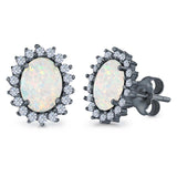 Halo Oval Stud Earrings Lab Created Opal Simulated CZ 925 Sterling Silver (13mm)