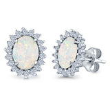 Halo Oval Stud Earrings Lab Created Opal Simulated CZ 925 Sterling Silver (13mm)