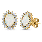 Halo Oval Stud Earrings Lab Created Opal Simulated CZ 925 Sterling Silver (13mm)