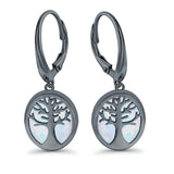 Tree of Life Dangling Leverback Earrings Created Opal 925 Sterling Silver (16mm)