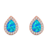 Halo Pear Stud Earring Simulated Cubic Zirconia Created Opal Solid 925 Sterling Silver (11mm)
