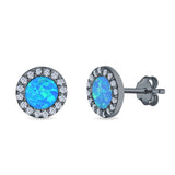 Halo Circle Stud Earrings Lab Created Opal Round Simulated CZ 925 Sterling Silver (14mm)
