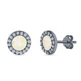 Halo Circle Stud Earrings Lab Created Opal Round Simulated CZ 925 Sterling Silver (14mm)