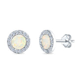 Halo Circle Stud Earrings Lab Created Opal Round Simulated CZ 925 Sterling Silver (14mm)
