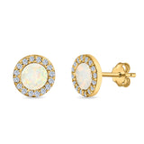 Halo Circle Stud Earrings Lab Created Opal Round Simulated CZ 925 Sterling Silver (14mm)