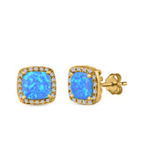Halo Princess Cut Stud Earrings Created Opal 925 Sterling Silver