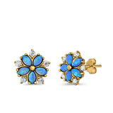 Flower Stud Earrings Lab Created Opal Simulated CZ 925 Sterling Silver (9mm)