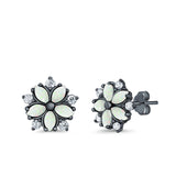 Flower Stud Earrings Lab Created Opal Simulated CZ 925 Sterling Silver (9mm)