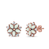 Flower Stud Earrings Lab Created Opal Simulated CZ 925 Sterling Silver (9mm)