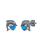 Dolphin Heart Stud Earrings Simulated CZ Lab Created Opal 925 Sterling Silver (7mm)