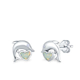 Dolphin Heart Stud Earrings Simulated CZ Lab Created Opal 925 Sterling Silver (7mm)