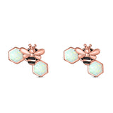 Lucky Honey Bee Print Stud Earring Created Opal Solid 925 Sterling Silver (8.7mm)