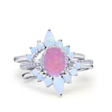 Three Piece Set Oval Lab White Opal Teardrop Art Deco Wedding Ring Vintage Band Simulated Cubic Zirconia Solid 925 Sterling Silver