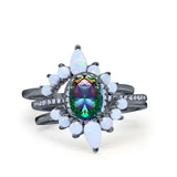 Three Piece Set Oval Lab White Opal Teardrop Art Deco Wedding Ring Vintage Band Simulated Cubic Zirconia Solid 925 Sterling Silver