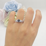 Three Stone Two Piece Bridal Round Beaded Natural Rutilated Quartz Engagement Ring
