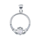 Heart Claddagh Charm Pendant Simulated Cubic Zirconia 925 Sterling Silver (21mm)