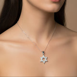 Star of David necklace on a model with a neutral background