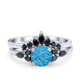 Two Piece Art Deco Wedding Vintage Black Marquise Round Simulated Cubic Zirconia 925 Sterling Silver