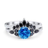 Two Piece Art Deco Wedding Vintage Black Marquise Round Simulated Cubic Zirconia 925 Sterling Silver