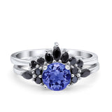 Two Piece Art Deco Wedding Vintage Black Marquise Round Simulated Cubic Zirconia 925 Sterling Silver