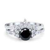 Two Piece Wedding Ring Round Simulated Cubic Zirconia 925 Sterling Silver