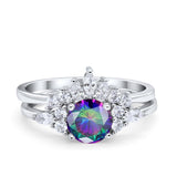 Two Piece Wedding Ring Round Simulated Cubic Zirconia 925 Sterling Silver