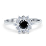 Halo Floral Engagement Ring Round Simulated Cubic Zirconia 925 Sterling Silver