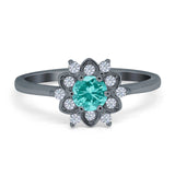 Halo Floral Engagement Ring Round Simulated Cubic Zirconia 925 Sterling Silver