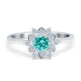 Halo Floral Engagement Ring Round Simulated Cubic Zirconia 925 Sterling Silver