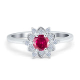Halo Floral Engagement Ring Round Simulated Cubic Zirconia 925 Sterling Silver
