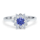 Halo Floral Engagement Ring Round Simulated Cubic Zirconia 925 Sterling Silver