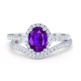 Oval Two Piece Halo Round Simulated Cubic Zirconia Ring 925 Sterling Silver