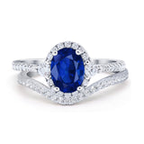 Oval Two Piece Halo Round Simulated Cubic Zirconia Ring 925 Sterling Silver
