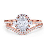 Oval Two Piece Halo Round Simulated Cubic Zirconia Ring 925 Sterling Silver