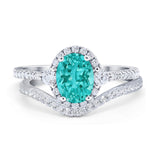 Oval Two Piece Halo Round Simulated Cubic Zirconia Ring 925 Sterling Silver