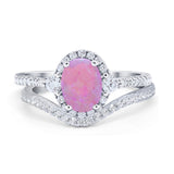 Oval Two Piece Halo Round Simulated Cubic Zirconia Ring 925 Sterling Silver