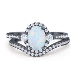 Oval Two Piece Halo Round Simulated Cubic Zirconia Ring 925 Sterling Silver