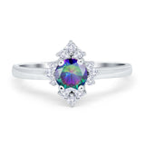 Art Deco Halo Engagement Ring Round Simulated Cubic Zirconia 925 Sterling Silver